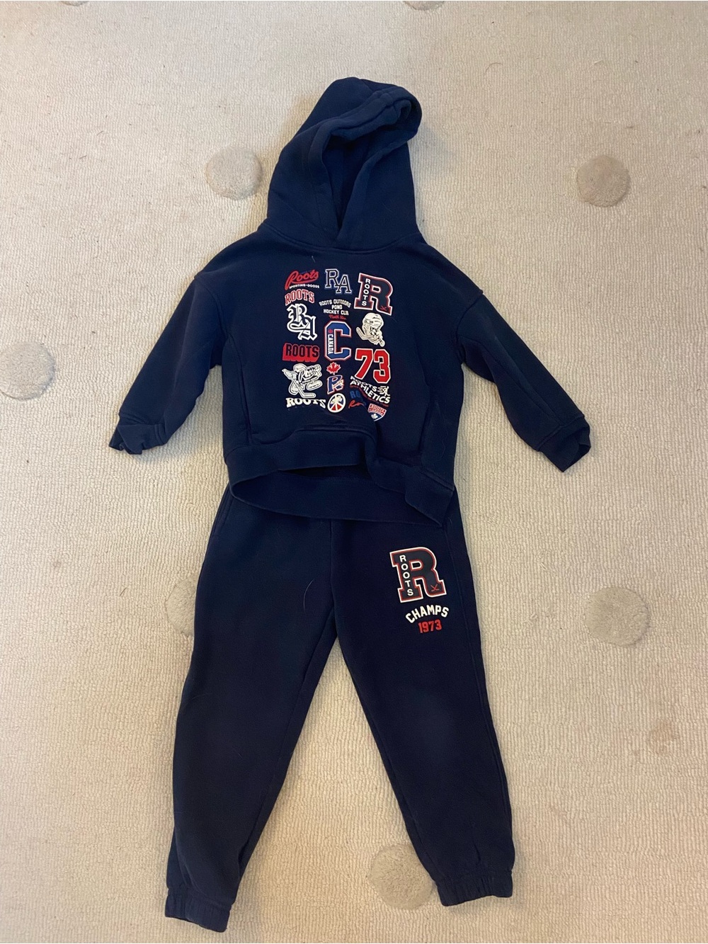 Roots Kids Navy Hoodie & Sweatpants Set with Graphic Details
